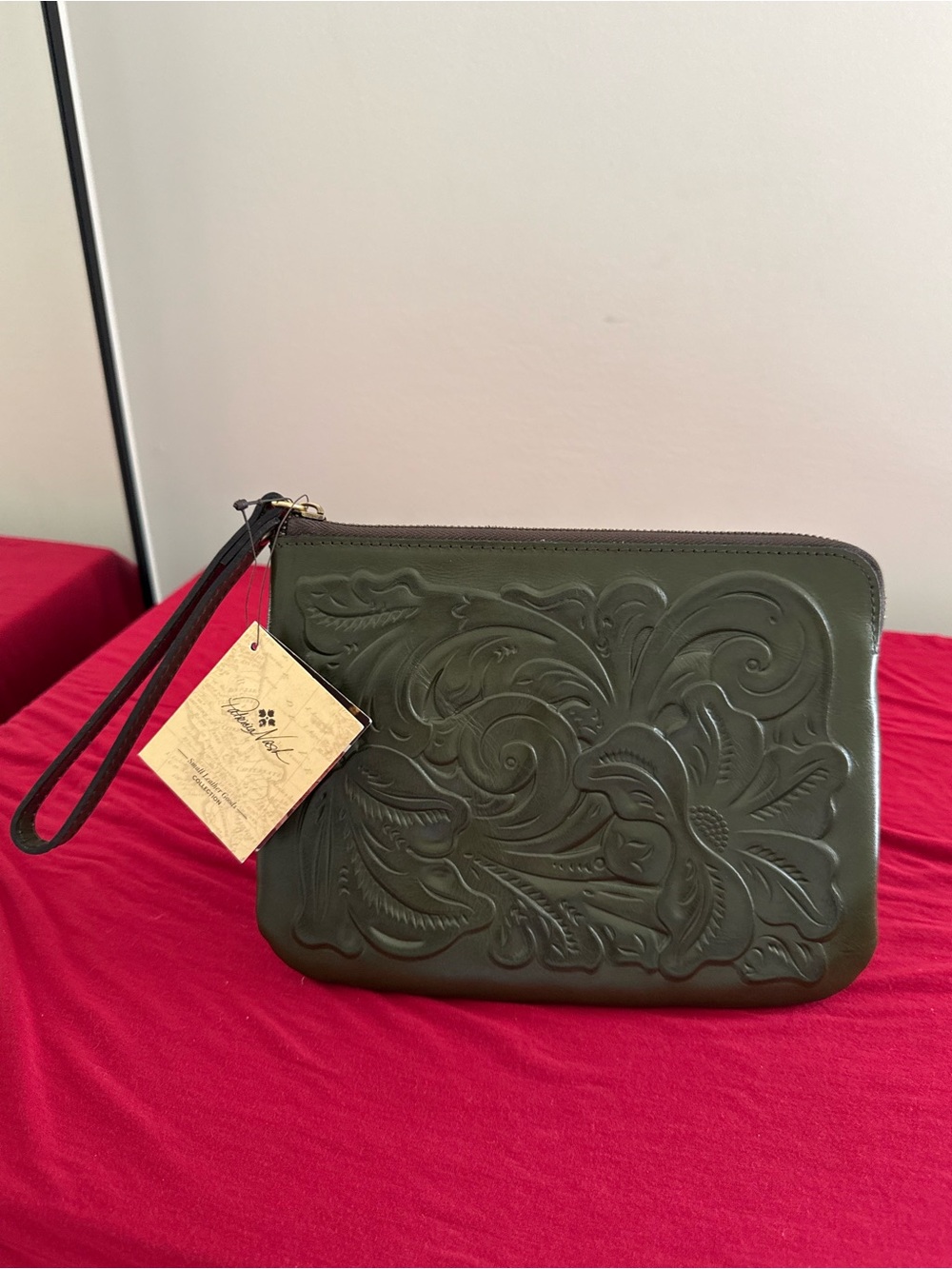 Patricia Nash Embossed Olive Green Leather Wristlet Clutch